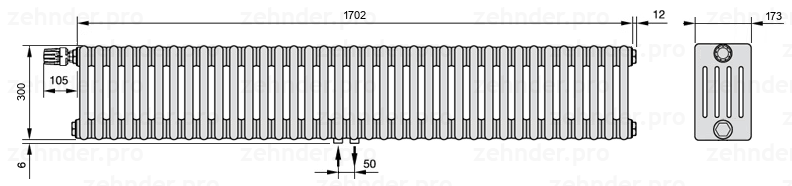 Схема (чертеж) Радиатор Zehnder Charleston 5030/37 №V007 Белый глянцевый RAL 9016